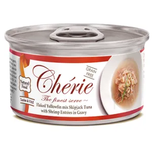 Cherie Flaked Yellowfin Mix Skipjack Tuna With Shrimp Entrées In Gravy Canned Cat Food 80g