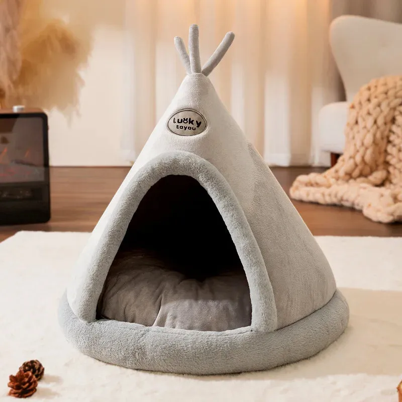 Cozy Pet Cave Bed for Cats and Small Dogs - Breathable Cotton with Soft Mat