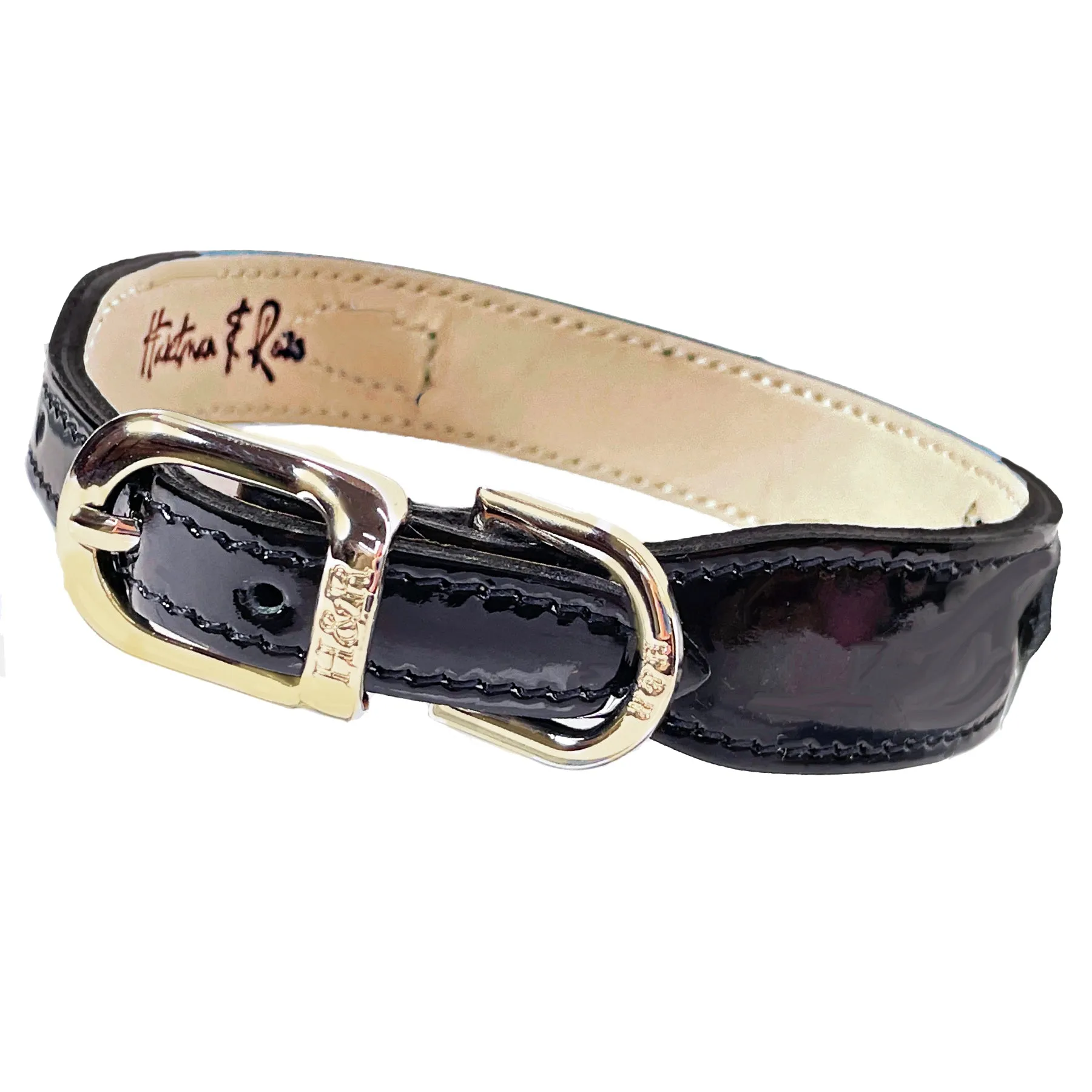 Italian Black Patent Dog Collar in Gold