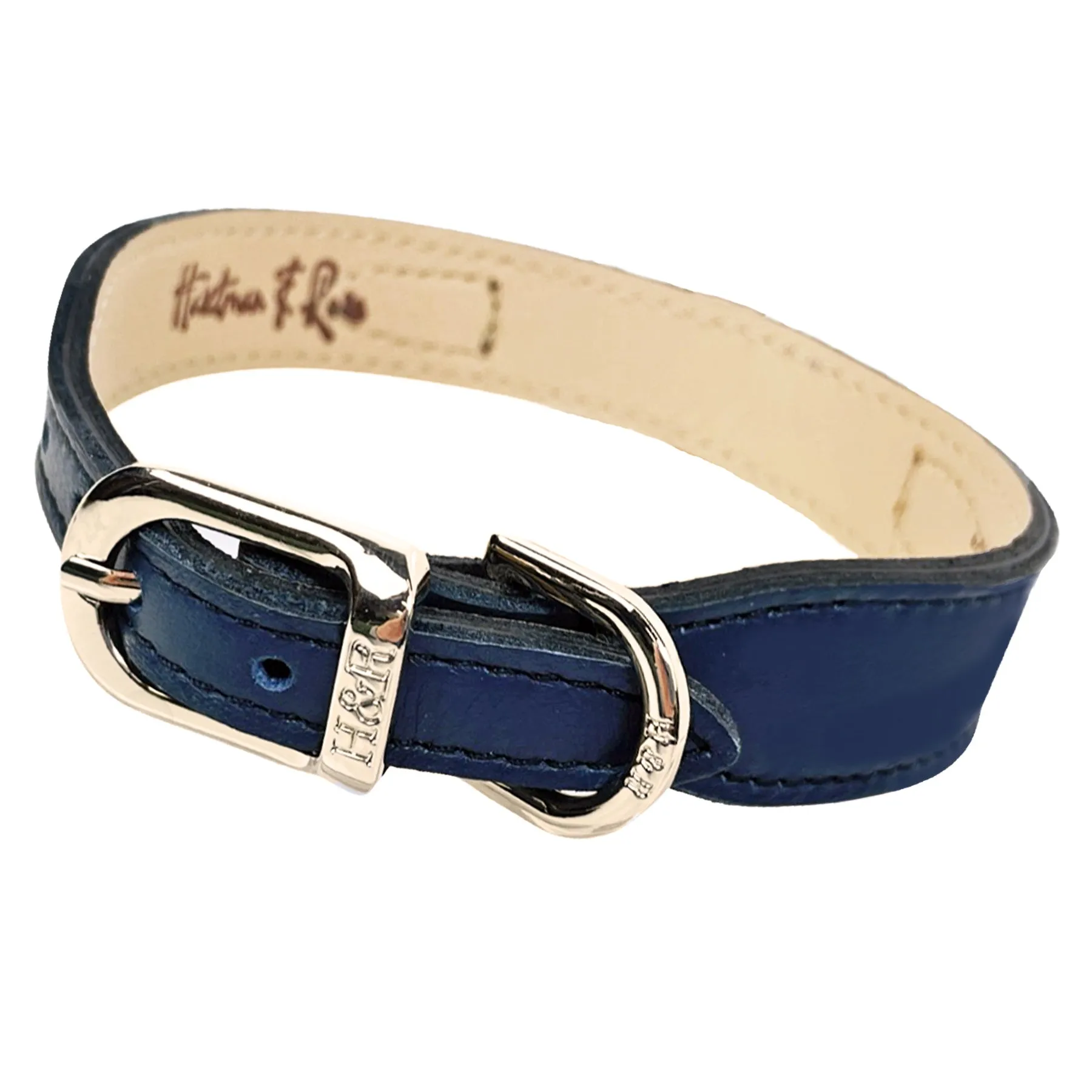 Italian French Navy Leather Dog Collar in Gold