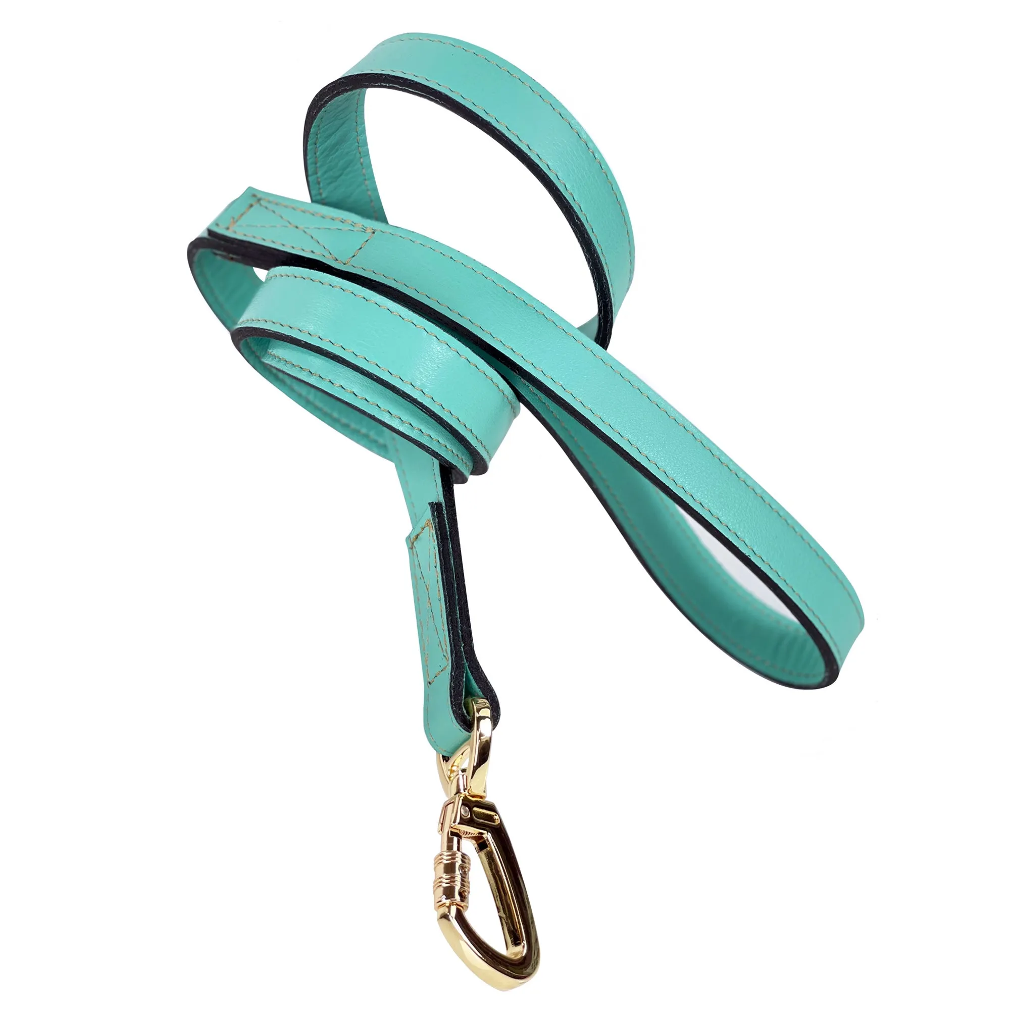 Italian Turquoise Leather Dog Leash in Gold