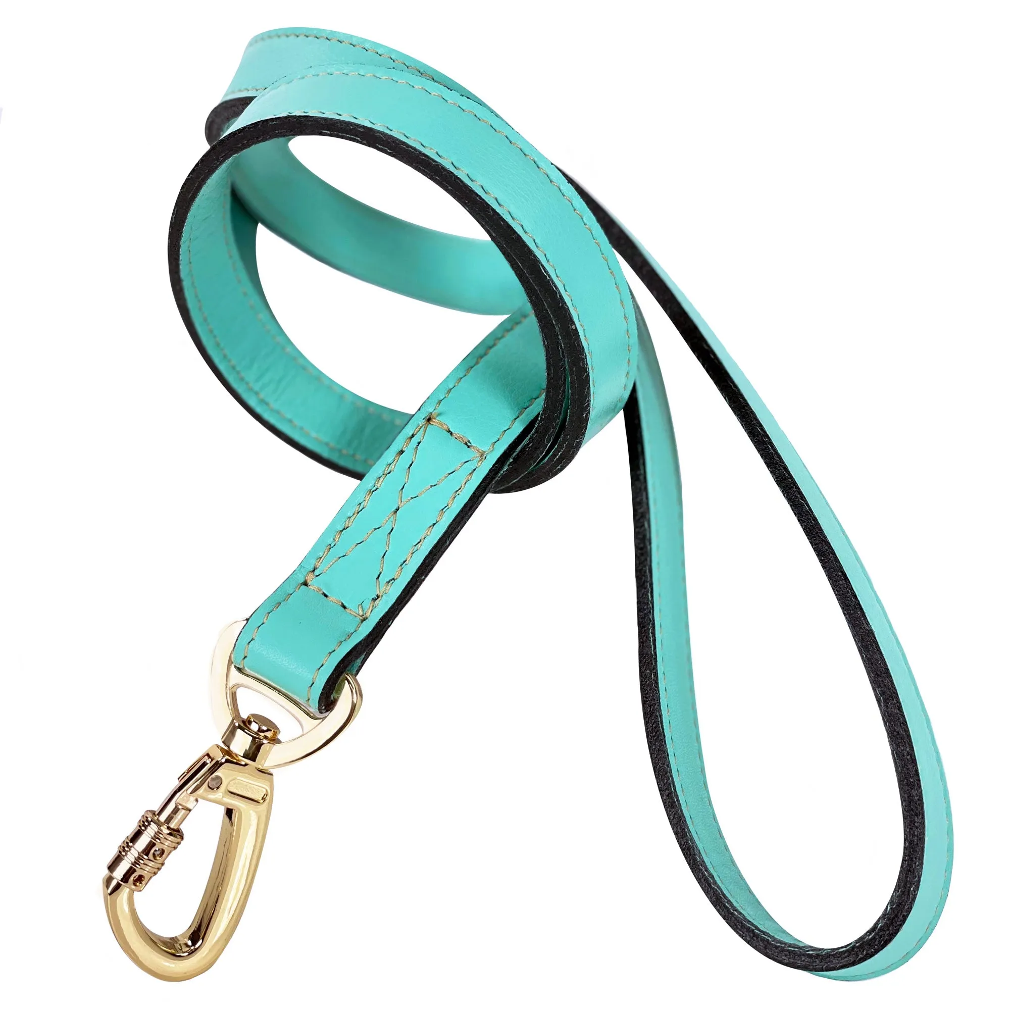 Italian Turquoise Leather Dog Leash in Gold