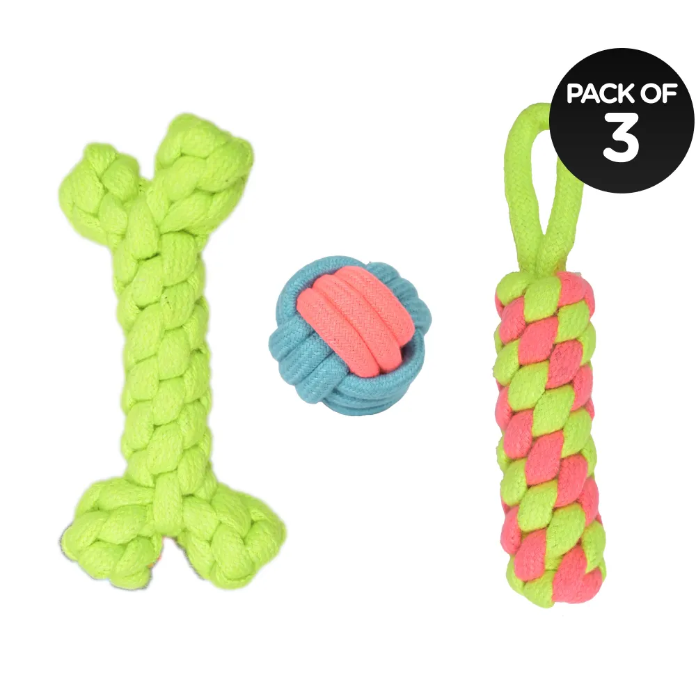 Skatrs Dummy Knotted, Ball and Bone Shaped Rope Chew Toy Combo for Dogs and Cats